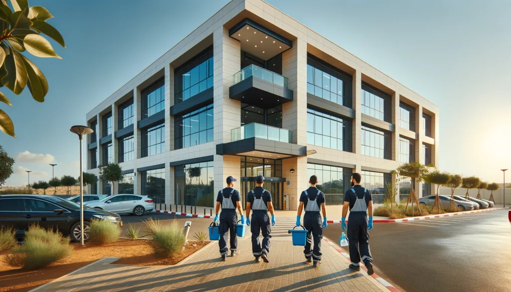 חברת ניקיון בהוד השרון, צוות ניקיון מקצועי נכנס למבנה משרדים בפארק עסקים