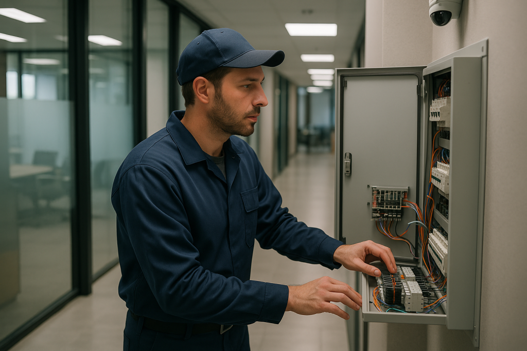 צוות אחזקת מבנים ותחזוקה טכנית של קבוצת עילית בודק מערכות במשרד עסקי
