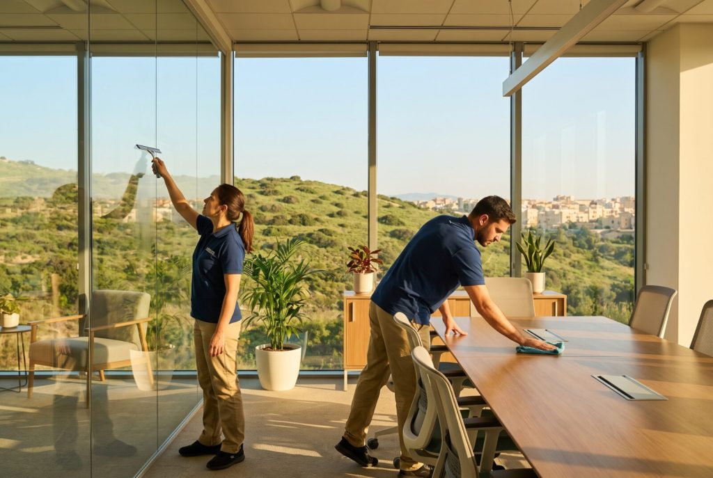 חברת ניקיון במודיעין: צוות מנקה חדר ישיבות במשרד מואר