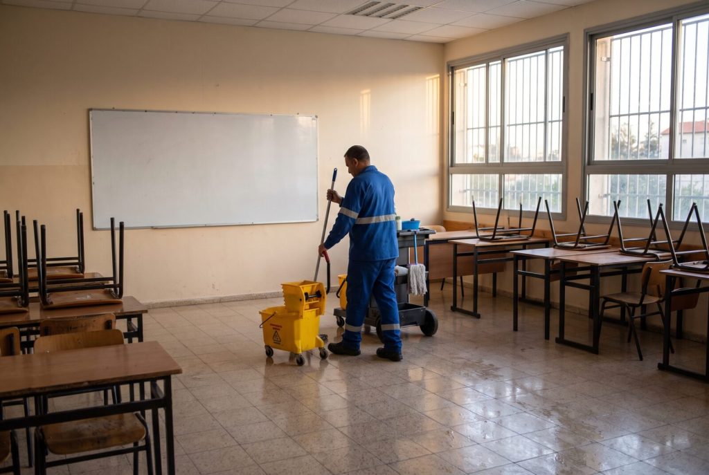 ניקיון בתי ספר: עובד ניקיון שוטף רצפה בכיתה ריקה אחרי הלימודים