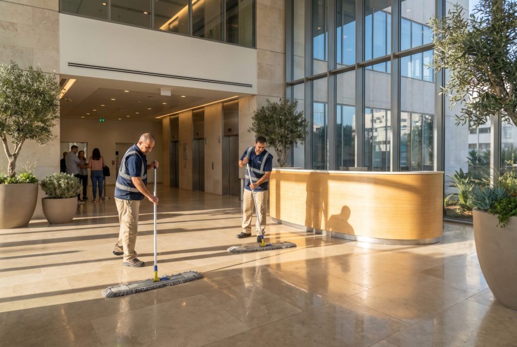 חברת ניקיון בניינים מנקה לובי של בניין משרדים