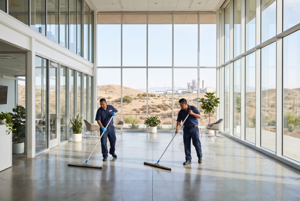 חברת ניקיון בבית שמש: צוות ניקיון מנקה זכוכיות במבנה עסקי ליד אזור תעשייה