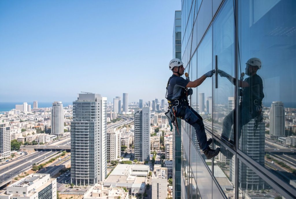 ניקוי חלונות בגובה בחזית זכוכית של בניין משרדים